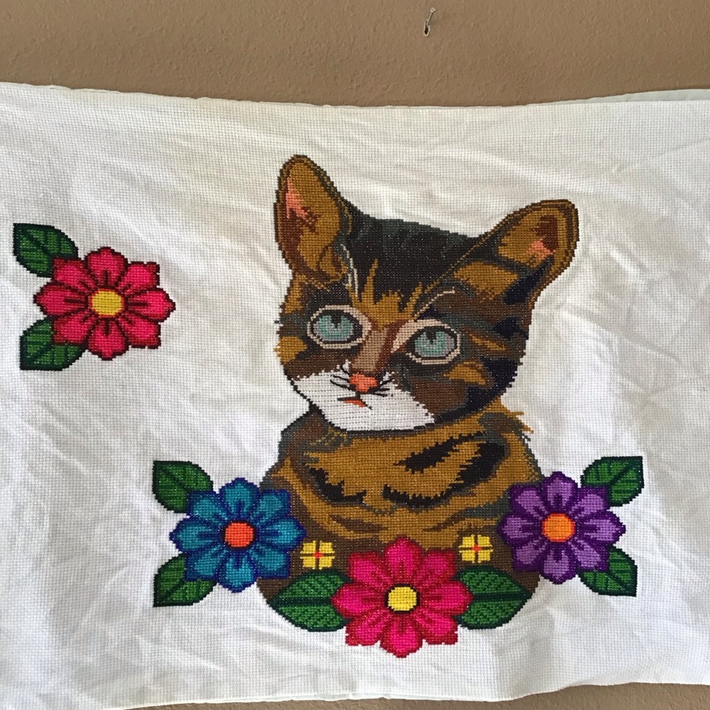 Vintage Cross Stitch Colorful Handmade Cat Pillowcase